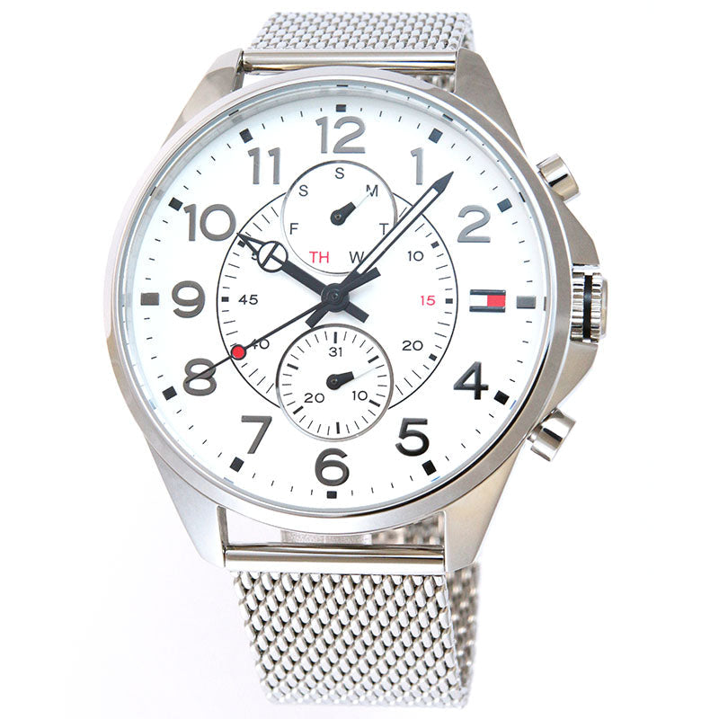  Shop Authentic Tommy Hilfiger Dean Chronograph White Dial Silver Mesh Bracelet Watch for Men - 1791277 - Luxxuri