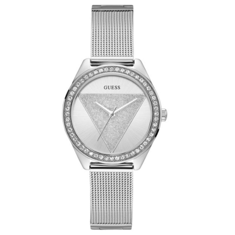  Shop Authentic Guess Tri Glitz Quartz Silver Dial Silver Mesh Bracelet Watch For Women - W1142L1 - Luxxuri
