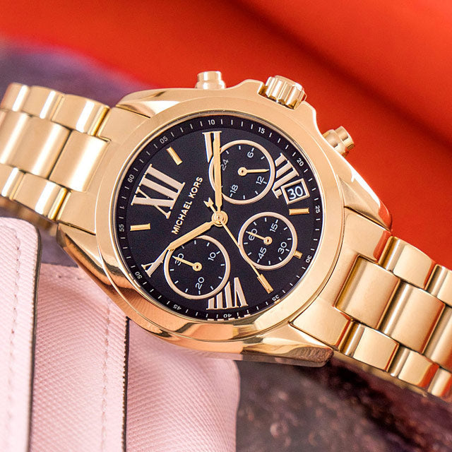  Shop Authentic Michael Kors Bradshaw Chronograph Black Dial Gold Steel Strap Watch For Women - MK6959 - Luxxuri