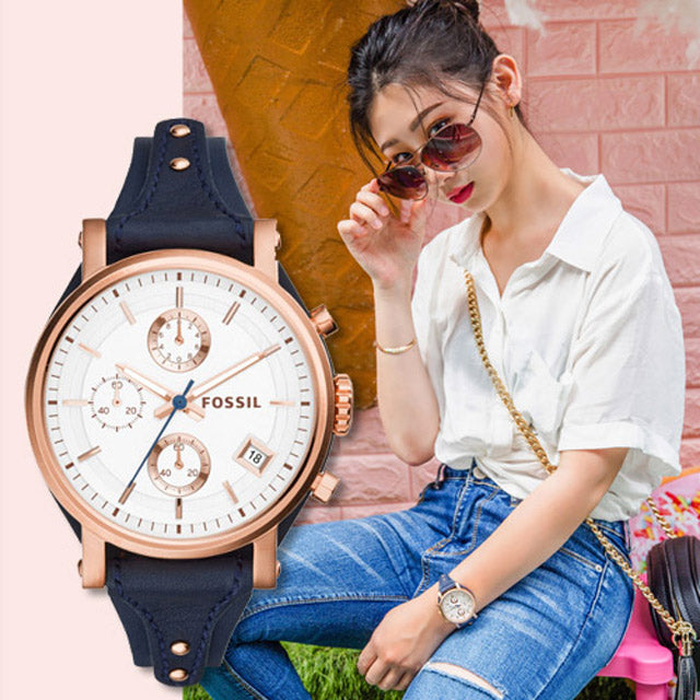  Shop Authentic Fossil Original Boyfriend Chronograph White Dial Navy Blue Leather Strap Watch for Women - ES3838 - Luxxuri