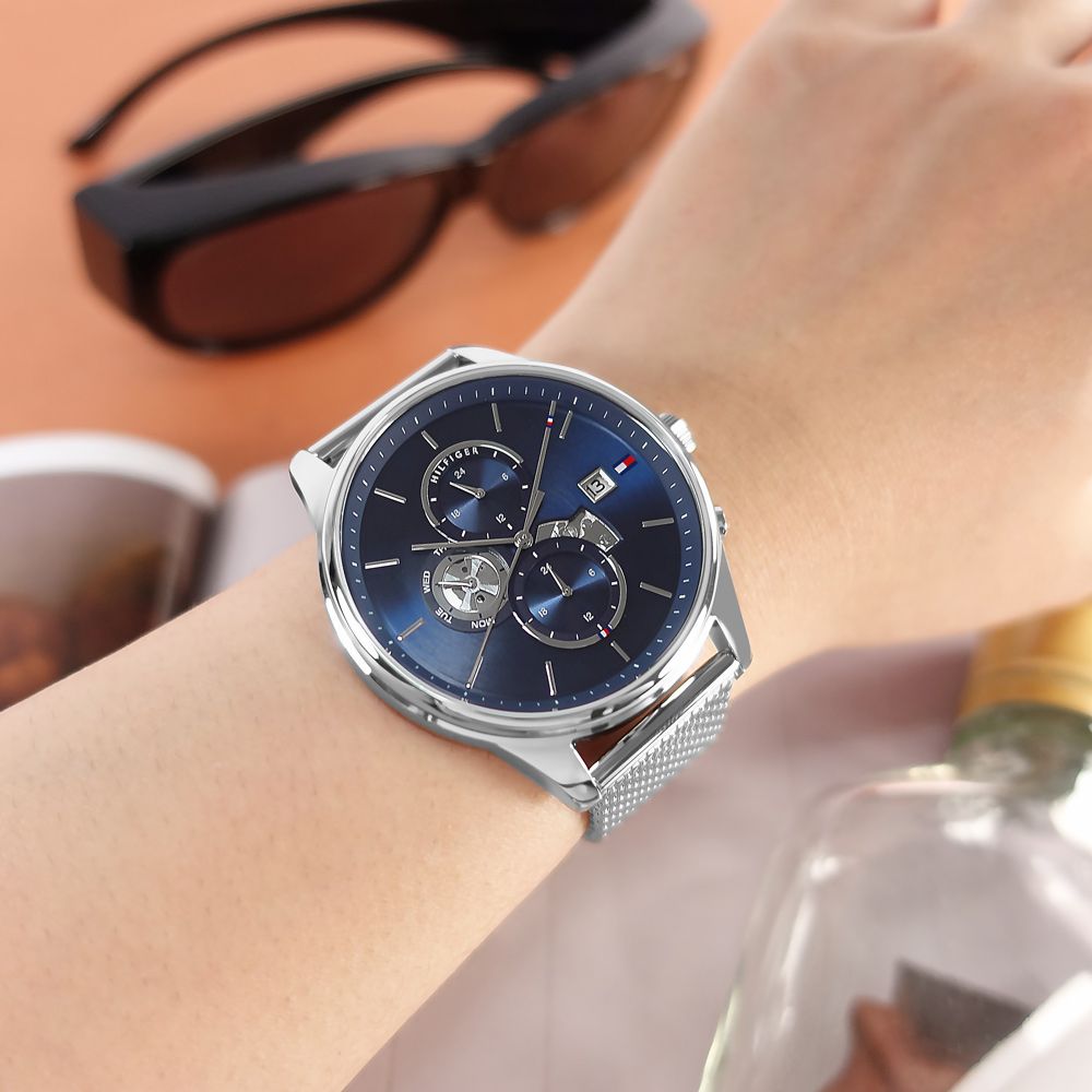  Shop Authentic Tommy Hilfiger Weston Chronograph Blue Dial Silver Mesh Bracelet Watch For Men - 1710504 - Luxxuri