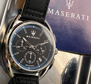  Shop Authentic Maserati Trimarano Chronograph Black Dial Black Leather Strap Watch For Men - R8871632001 - Luxxuri