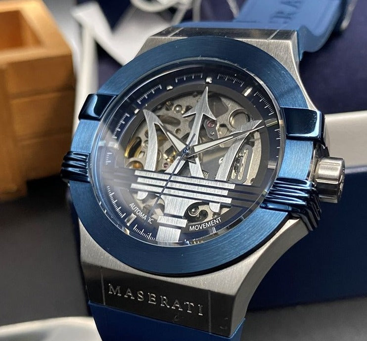  Shop Authentic Maserati Potenza Skeleton Dial Quartz Blue Silicon Watch For Men - R8821108028 - Luxxuri