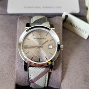  Shop Authentic Burberry The City Grey Dial Checked Grey Leather Strap Watch for Women - BU9118 - Luxxuri
