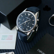  Shop Authentic Emporio Armani Lambda Chronograph Blue Dial Blue Leather Strap Watch For Men - AR11018 - Luxxuri