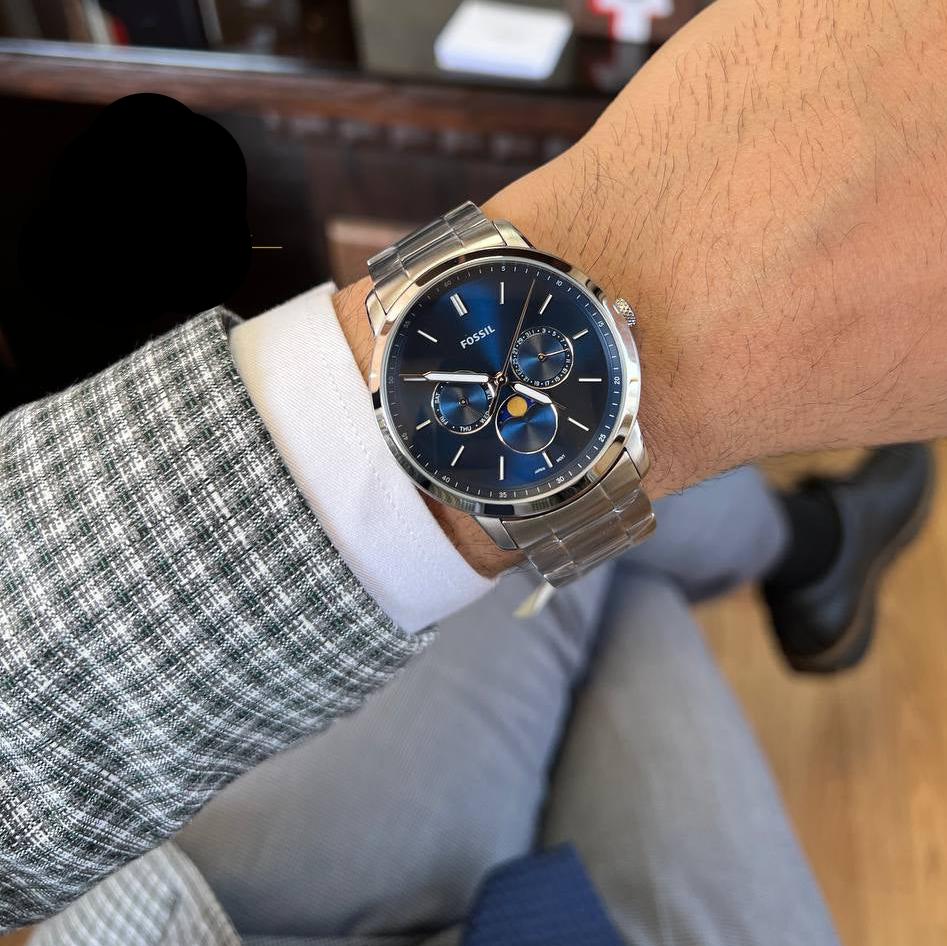  Shop Authentic Fossil Neutra Minimalist Moonphase Blue Dial Silver Steel Strap Watch for Men - FS5907 - Luxxuri