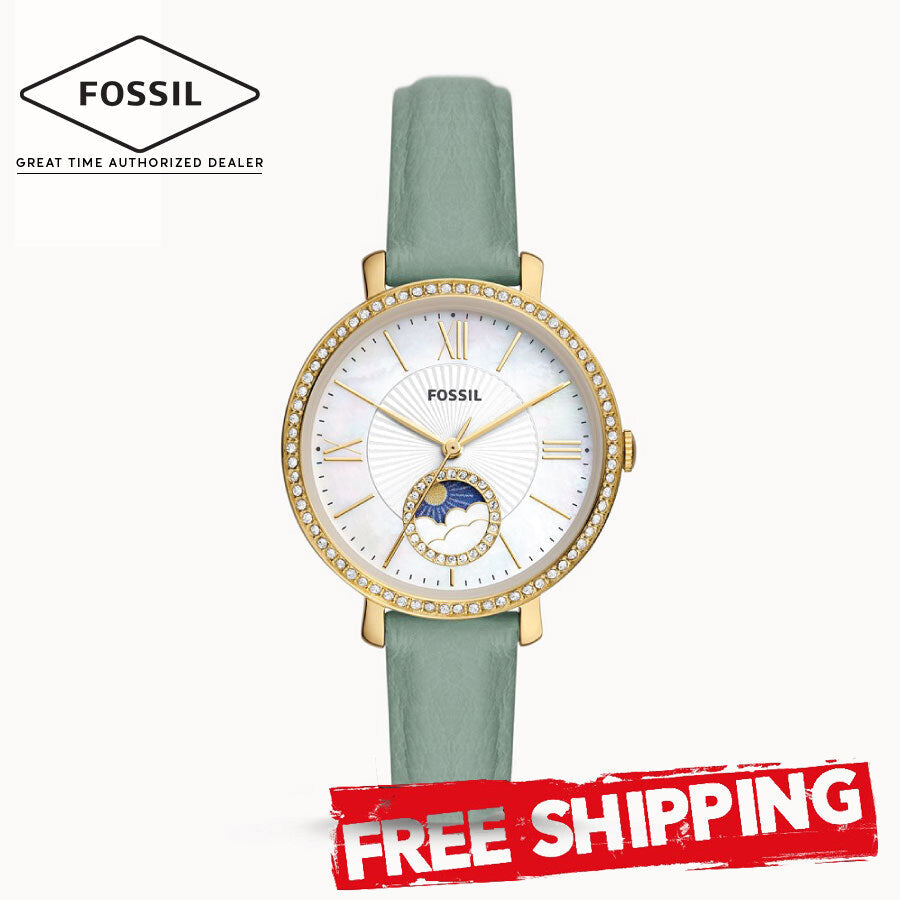  Shop Authentic Fossil Jacqueline Analog Moonphase Mother of Pearl White Dial Green Leather Strap Watch for Women - ES5168 - Luxxuri