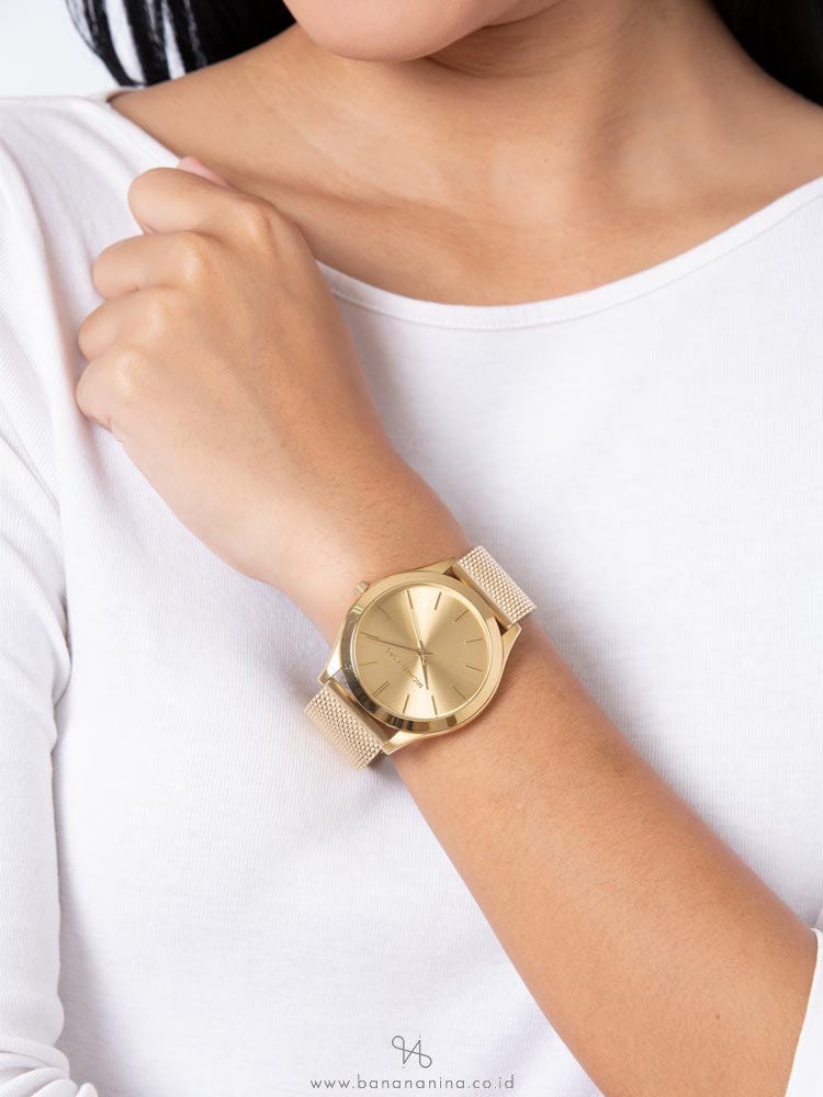  Shop Authentic Michael Kors Slim Runway Quartz Gold Dial Gold Mesh Bracelet Watch For Women - MK8625 - Luxxuri