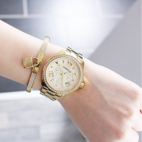  Shop Authentic Fossil Cecile Chronograph Gold Dial Gold Steel Strap Watch for Women - AM4482 - Luxxuri