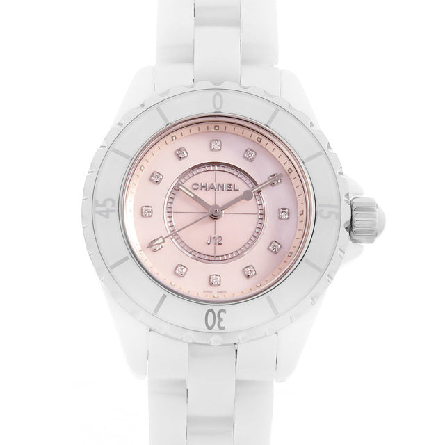  Shop Authentic Chanel J12 Quartz Diamonds Pink Dial White Steel Strap Watch for Women - J12 H5513 - Luxxuri
