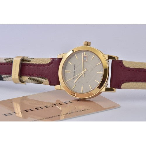  Shop Authentic Burberry Heritage Nova Gold Dial Haymarket Red Leather Strap Watch for Women - BU9111 - Luxxuri