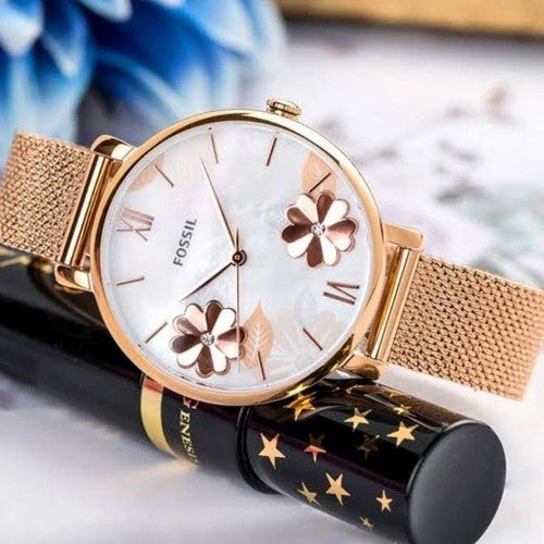  Shop Authentic Fossil Jacqueline Three-Hand White Dial Rose Gold Mesh Bracelet Watch for Women - ES4534 - Luxxuri