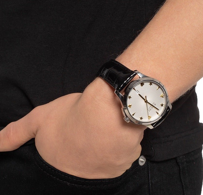  Shop Authentic Gucci G Timeless Automatic Silver Dial Black Leather Strap Unisex Watch - YA126468 - Luxxuri