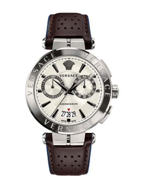  Shop Authentic Versace Aion Chronograph White Dial Brown Leather Strap Watch for Men - VBR010017 - Luxxuri