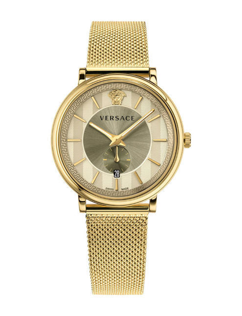  Shop Authentic Versace V Circle Quartz Gold Dial Gold Mesh Bracelet Watch For Men - VBQ070017 - Luxxuri