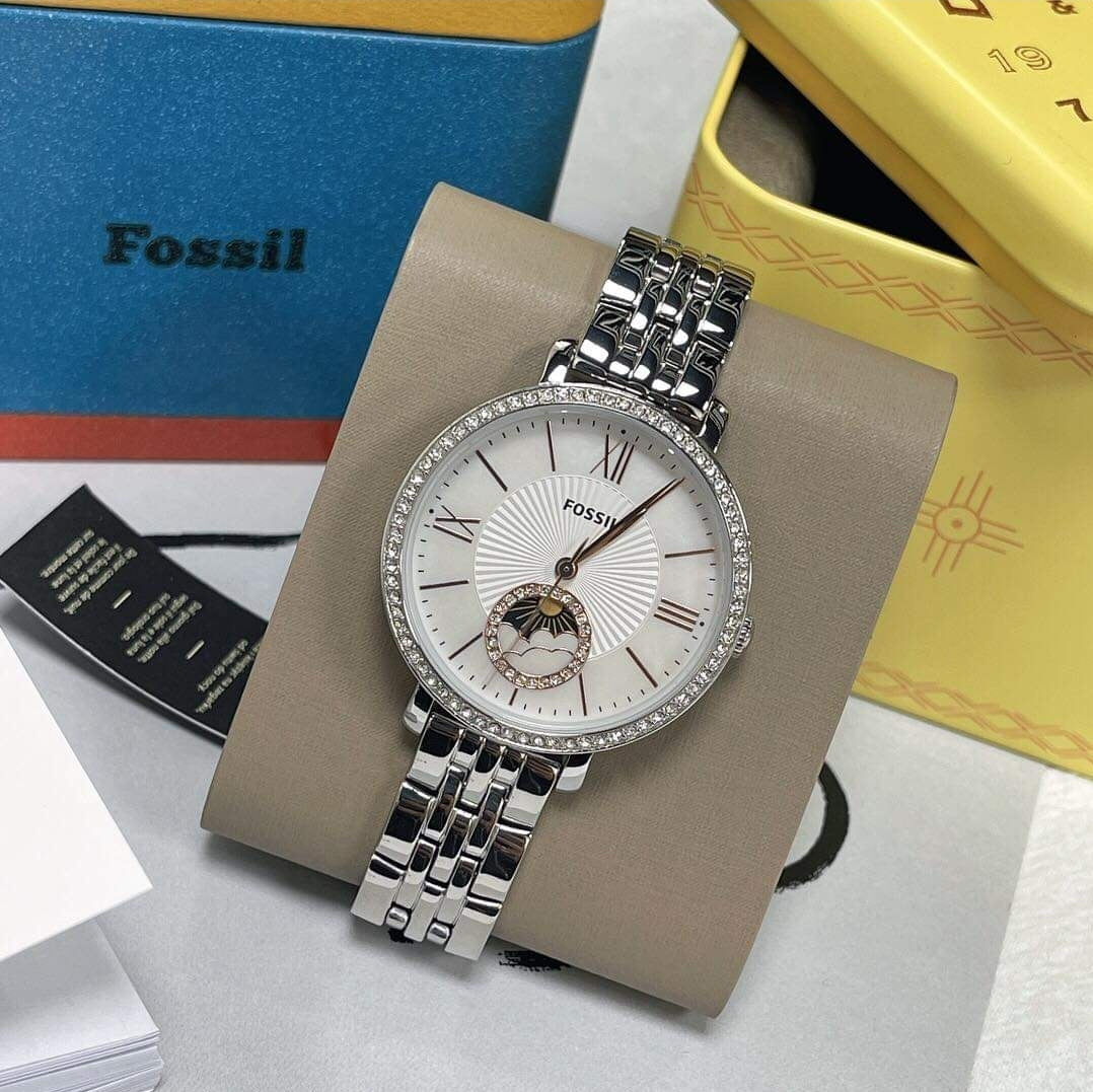  Shop Authentic Fossil Jacqueline Multifunction Moonphase White Dial Silver Steel Strap Watch for Women - ES5164 - Luxxuri