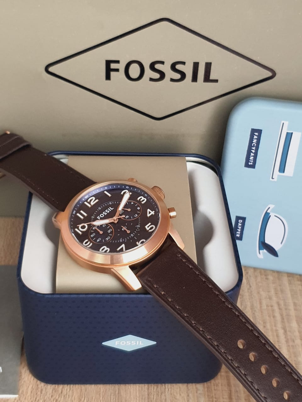  Shop Authentic Fossil Pilot 54 Chronograph Blue Dial Brown Leather Strap Watch for Men - FS5204 - Luxxuri