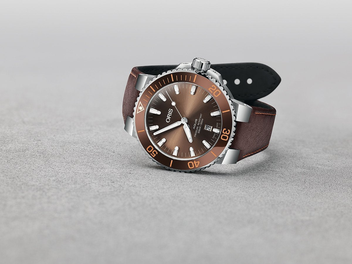  Shop Authentic Oris Aquis Date Brown Dial Brown Leather Strap Watch for Men - 0173377304152-0752412EB - Luxxuri