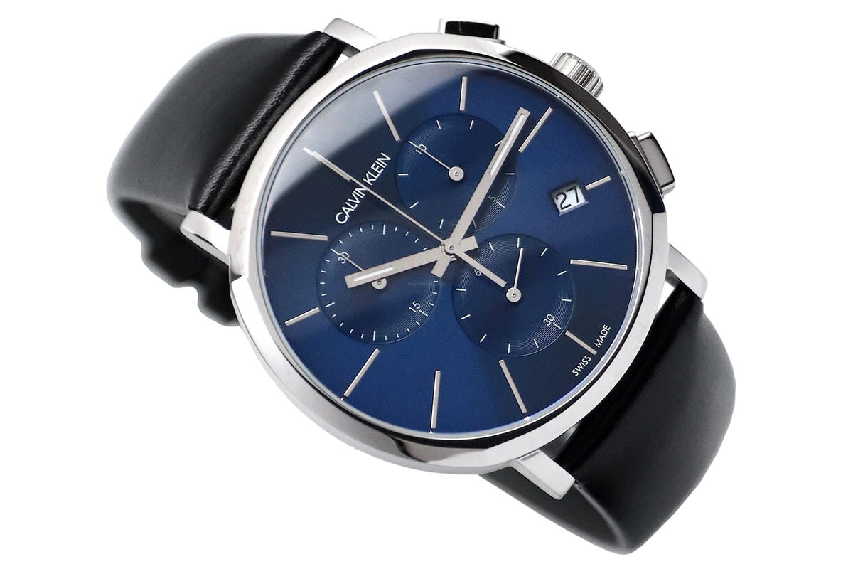  Shop Authentic Calvin Klein Chronograph Blue Dial Black Leather Strap Watch for Men - K8Q371CN - Luxxuri