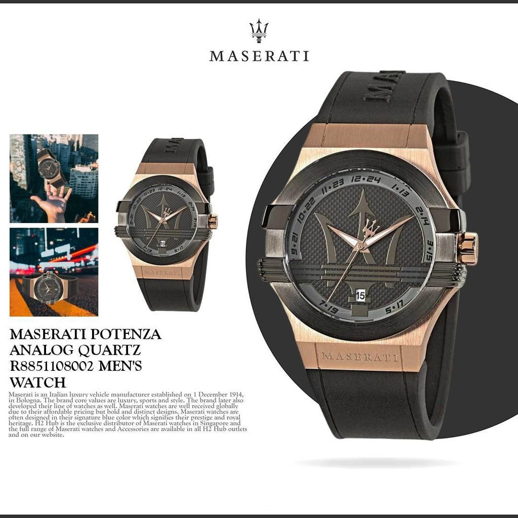  Shop Authentic Maserati Potenza Black & Rose Gold Dial Black Rubber Strap Watch For Men - R8851108002 - Luxxuri