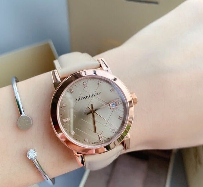 Shop Authentic Burberry The City Diamonds Beige Dial Beige Leather Strap Watch for Women - BU9131 - Luxxuri