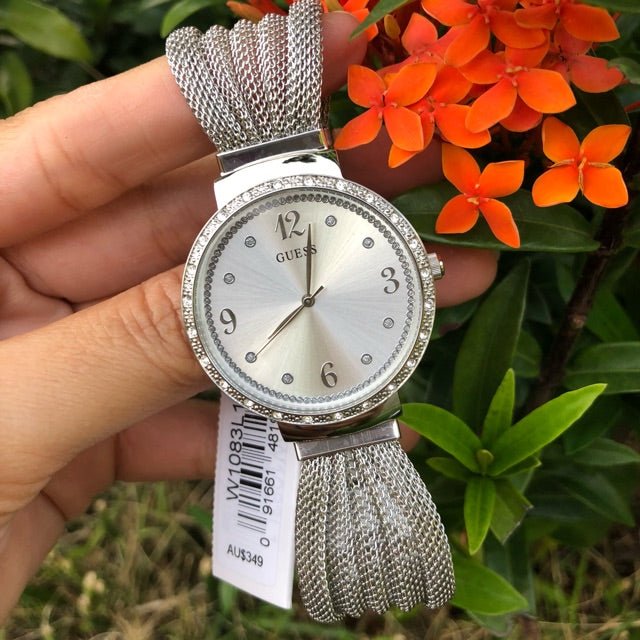  Shop Authentic Guess Chiffon Silver Dial Silver Mesh Bracelet Watch For Women - W1083L1 - Luxxuri