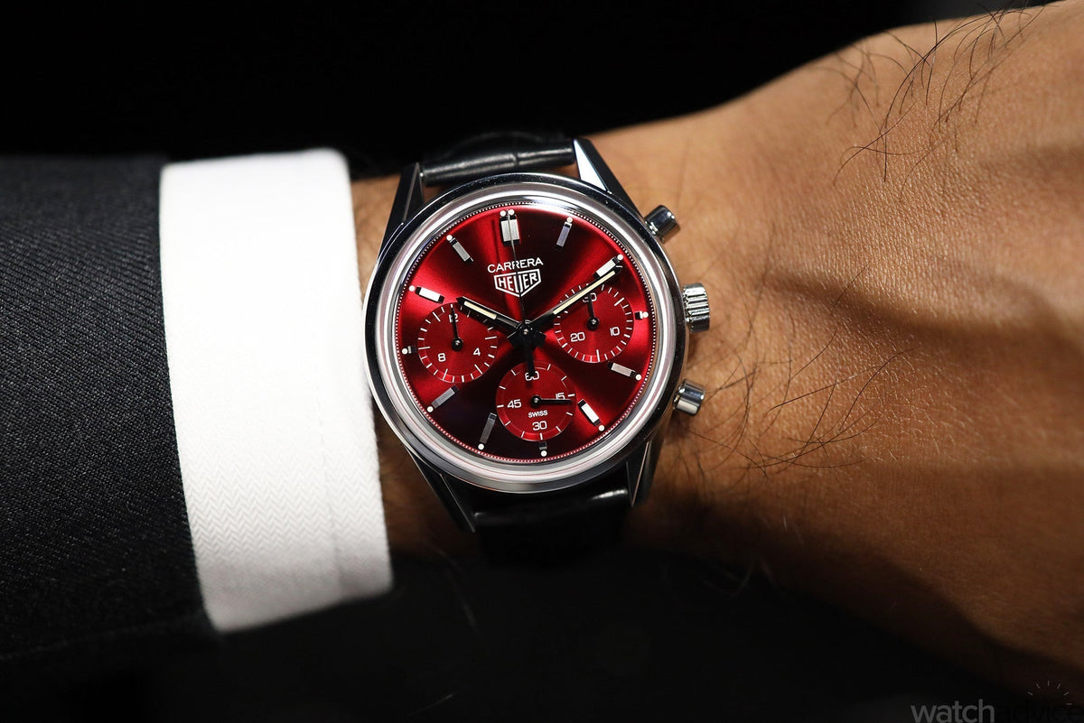  Shop Authentic Tag Heuer Carrera Automatic Chronograph Red Dial Black Leather Strap Watch for Men - CBK221G.FC6479 - Luxxuri
