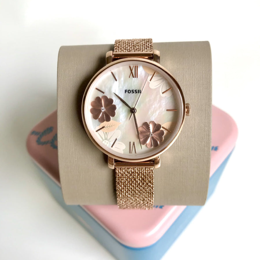  Shop Authentic Fossil Jacqueline Three-Hand White Dial Rose Gold Mesh Bracelet Watch for Women - ES4534 - Luxxuri
