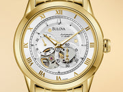  Shop Authentic Bulova BVA Skeleton Silver Dial Gold Steel Strap Watch for Men - 97A108 - Luxxuri