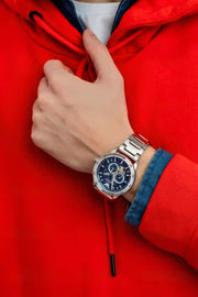  Shop Authentic Emporio Armani Mario Chronograph Automatic Blue Dial Silver Steel Strap Watch For Men - AR60052 - Luxxuri
