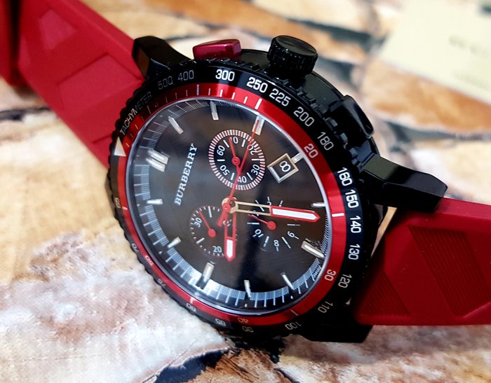  Shop Authentic Burberry The City Chronograph Black Dial Red Rubber Strap Watch For Men - BU9805 - Luxxuri