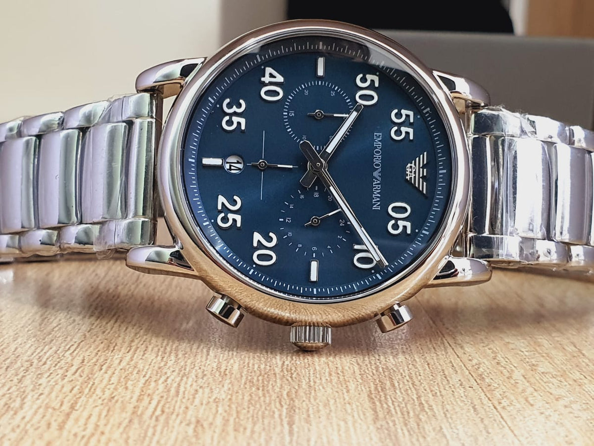  Shop Authentic Emporio Armani Luigi Chronograph Blue Dial Silver Steel Strap Watch For Men - AR11132 - Luxxuri