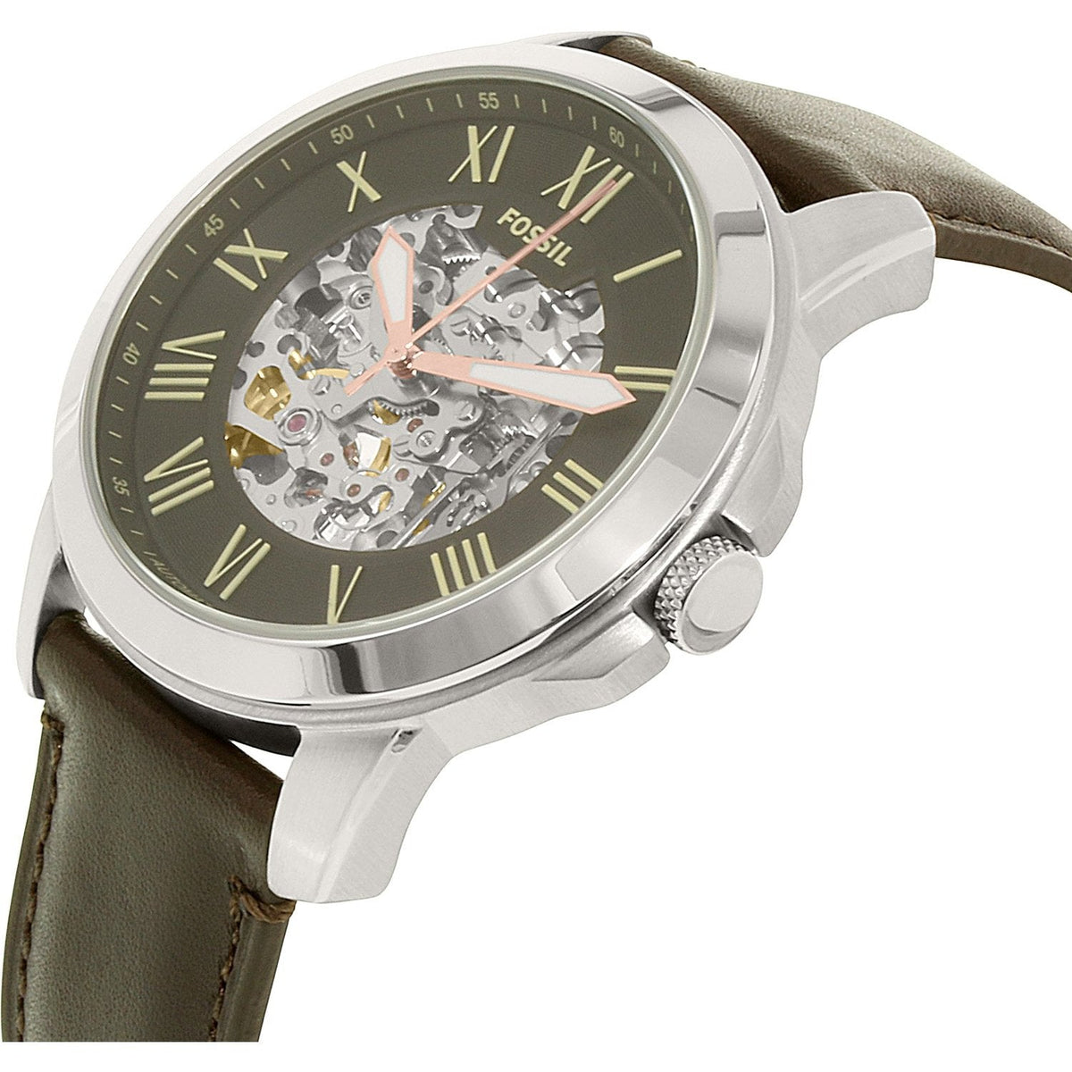  Shop Authentic Fossil Grant Automatic Skeleton Black Dial Brown Leather Strap Watch for Men - ME3100 - Luxxuri