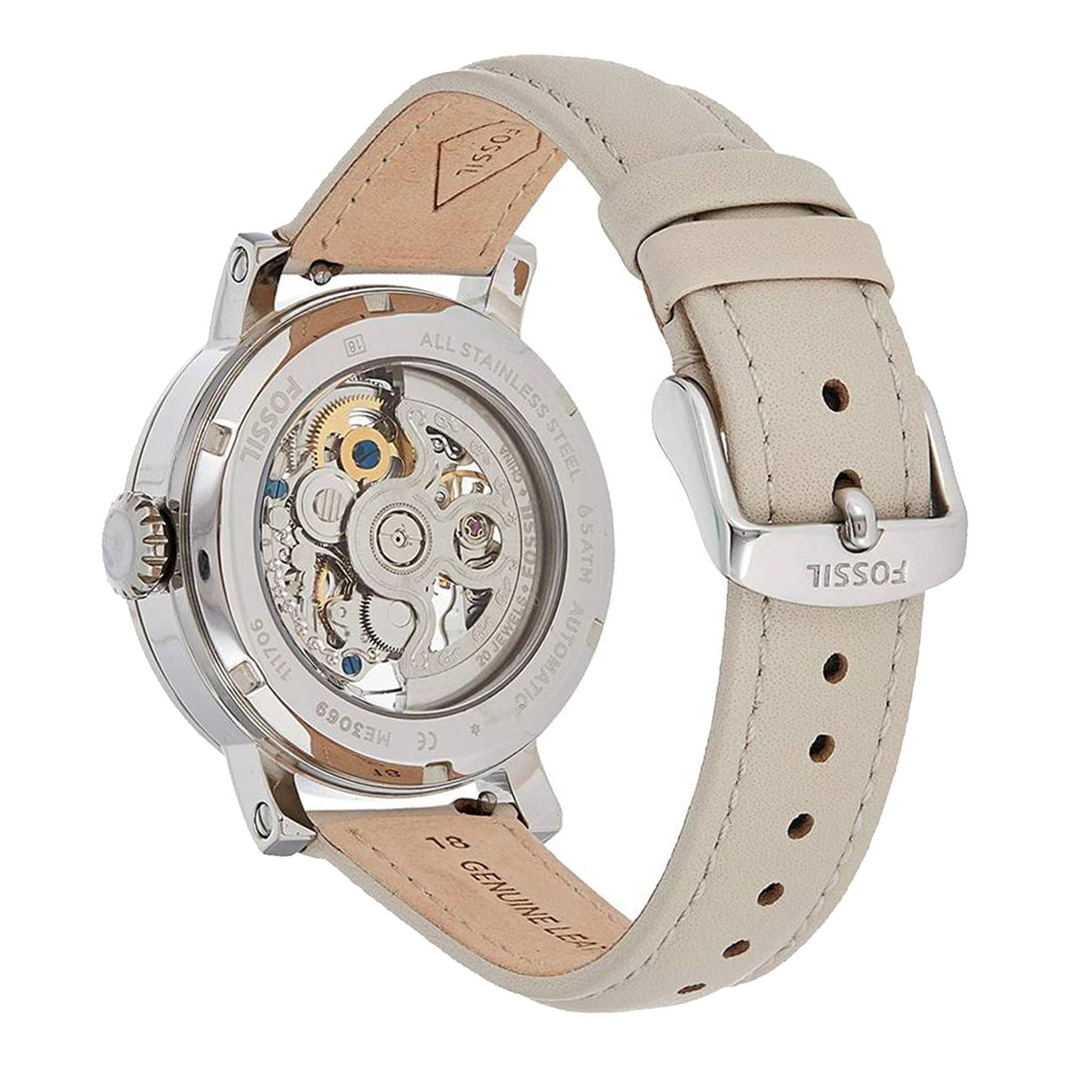  Shop Authentic Fossil Boyfriend Automatic Skeleton Silver Dial White Leather Strap Watch for Women - ME3069 - Luxxuri