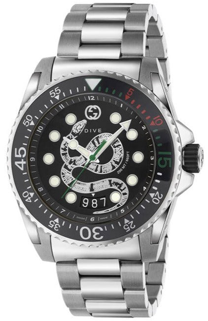  Shop Authentic Gucci Dive Snake Black Dial Silver Steel Strap Watch For Men - YA136218 - Luxxuri