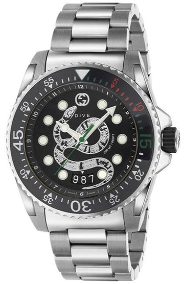  Shop Authentic Gucci Dive Snake Black Dial Silver Steel Strap Watch For Men - YA136218 - Luxxuri