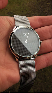  Shop Authentic Calvin Klein Minimalist Black Dial Silver Mesh Bracelet Watch for Men - K3M2112X - Luxxuri