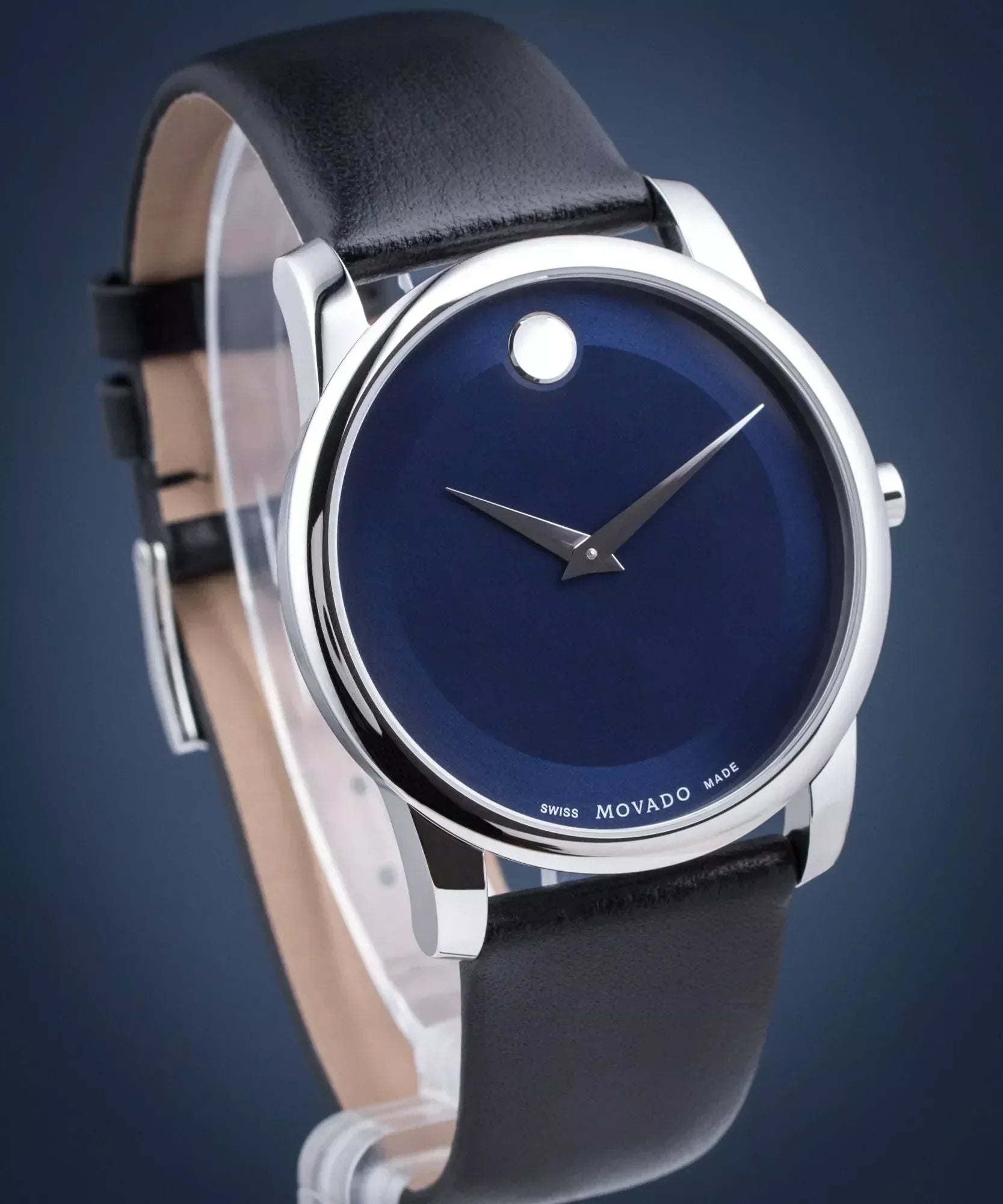  Shop Authentic Movado Museum Classic Blue Dial Black Leather Strap Watch for Men - 606610 - Luxxuri