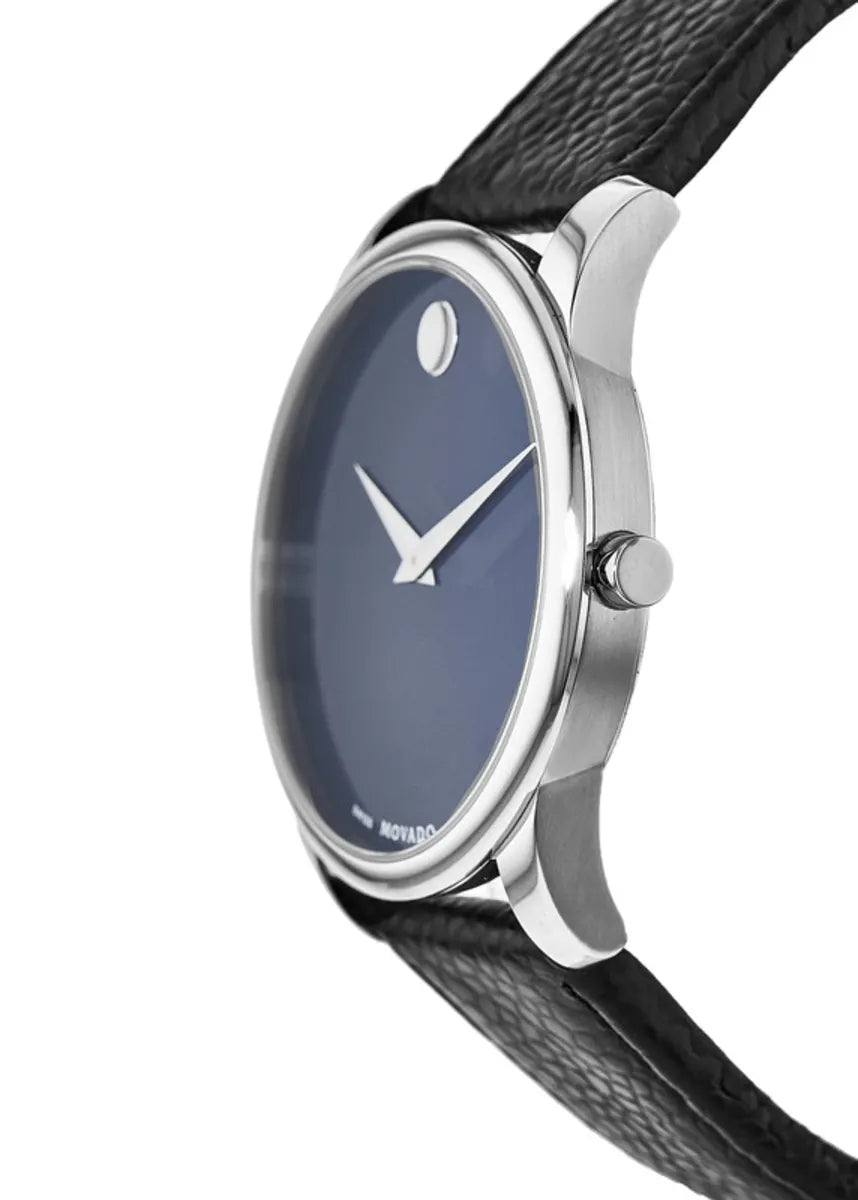  Shop Authentic Movado Museum Blue Dial Black Leather Strap Watch For Men - 607013 - Luxxuri