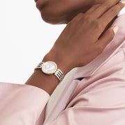  Shop Authentic Movado Esperanza Mother of Pearl Dial Two Tone Steel Strap Watch For Women - 0607085 - Luxxuri