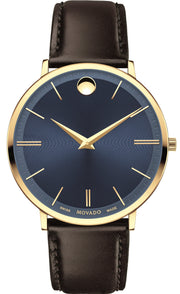  Shop Authentic Movado Ultra Slim Blue Dial Brown Leather Strap Watch For Men - 0607088 - Luxxuri
