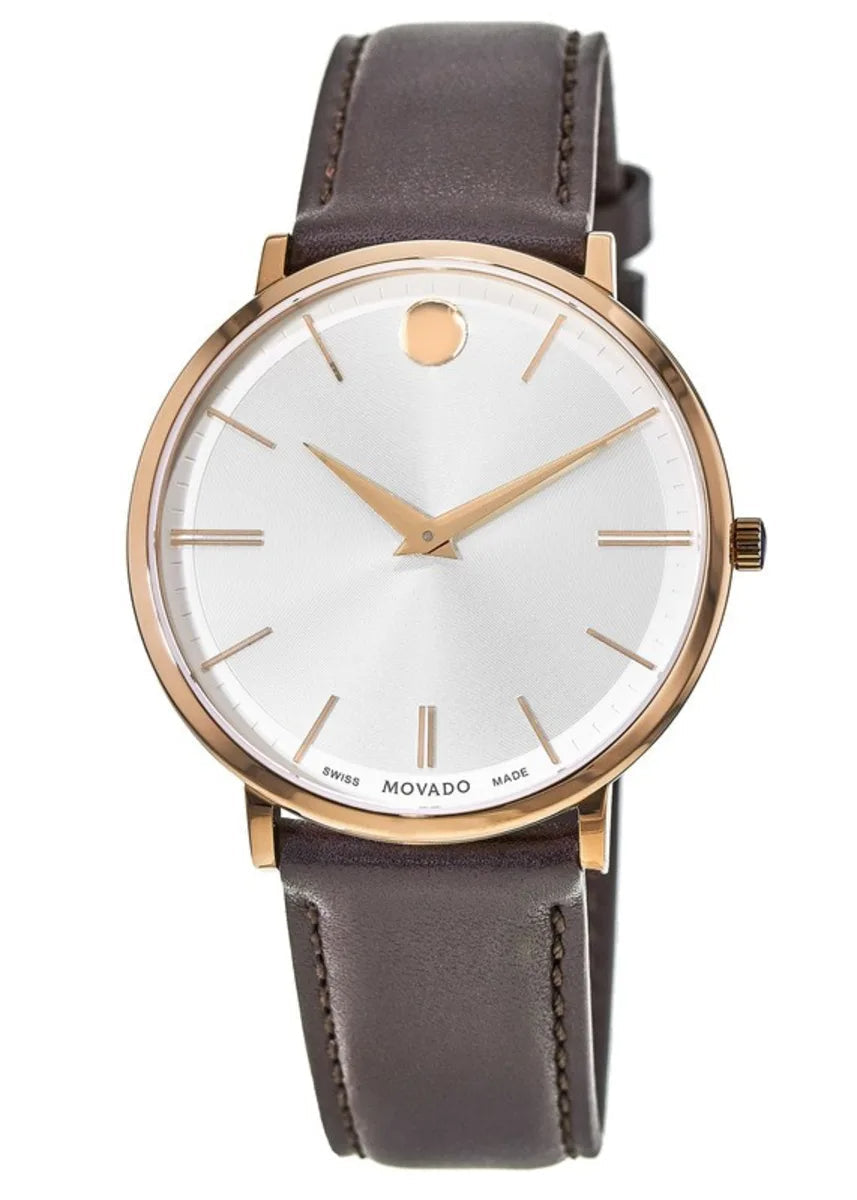  Shop Authentic Movado Ultra Slim White Dial Brown Leather Strap Watch For Men - 0607089 - Luxxuri