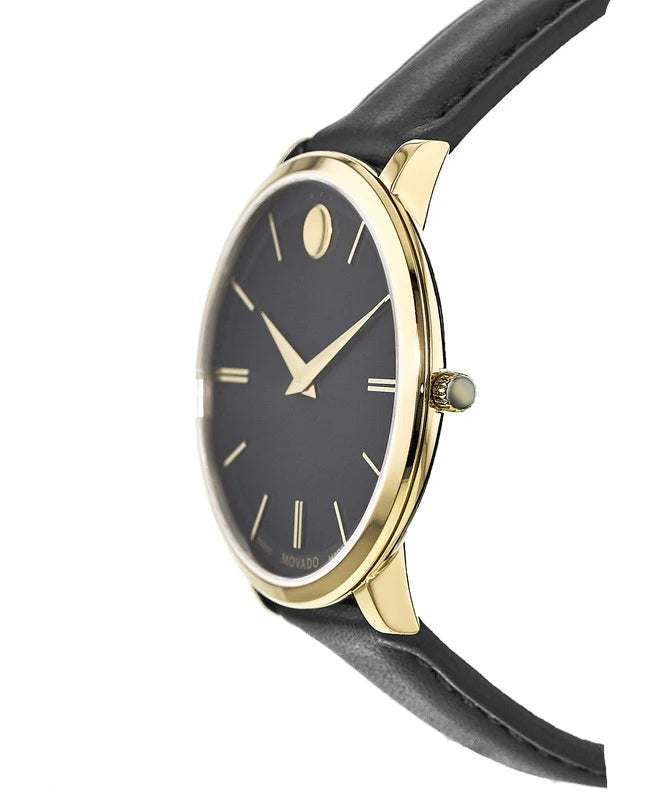  Shop Authentic Movado Ultra Slim Black Dial Black Leather Strap Watch For Women - 0607091 - Luxxuri