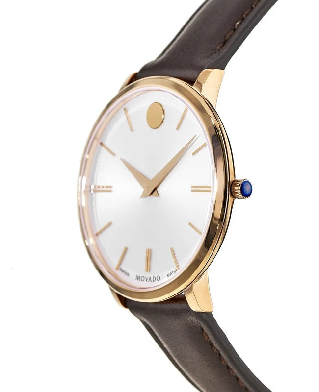  Shop Authentic Movado Ultra Slim Silver Dial Brown Leather Strap Watch For Women - 0607093 - Luxxuri