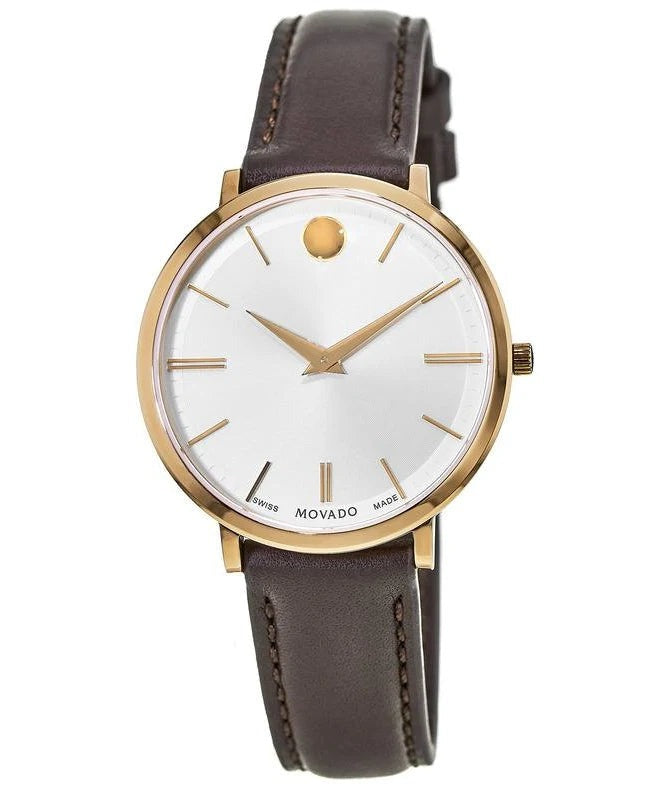  Shop Authentic Movado Ultra Slim Silver Dial Brown Leather Strap Watch For Women - 0607093 - Luxxuri