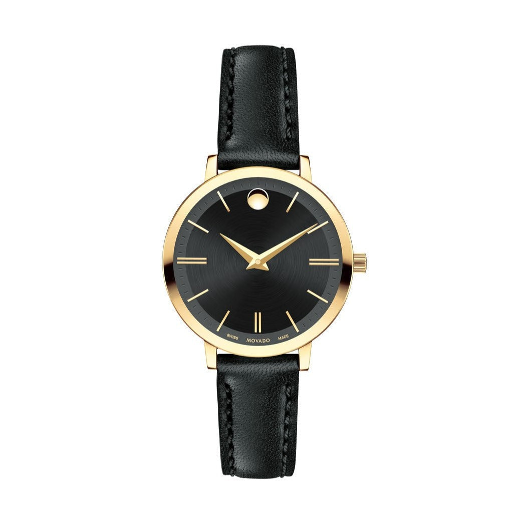  Shop Authentic Movado Ultra Slim Black Dial Black Leather Strap Watch For Women -  0607095 - Luxxuri