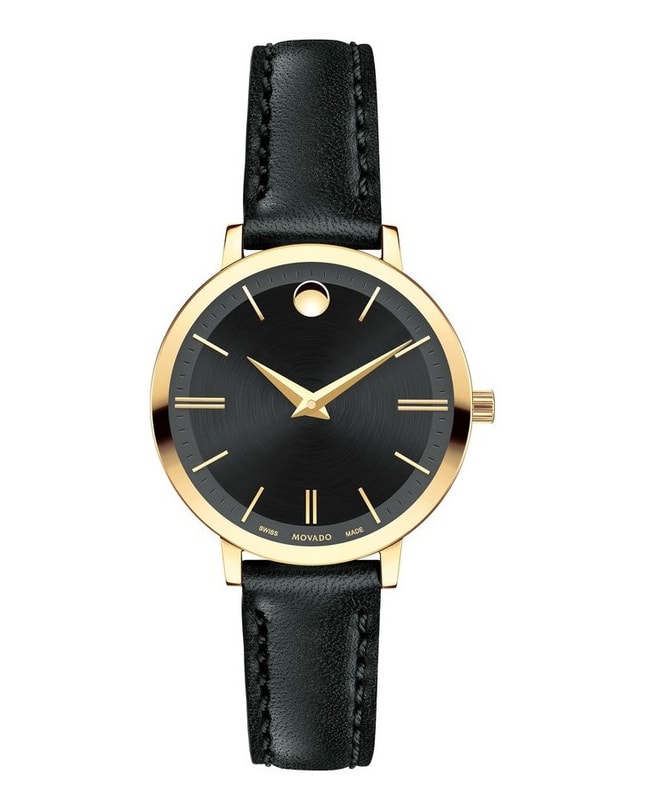  Shop Authentic Movado Ultra Slim Black Dial Black Leather Strap Watch For Women -  0607095 - Luxxuri