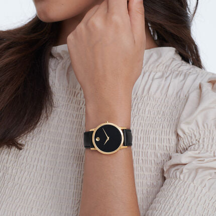  Shop Authentic Movado Museum Black Dial Black Leather Strap Watch For Women - 2100006 - Luxxuri