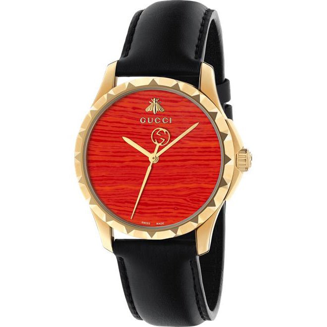  Shop Authentic Gucci G Timeless Coral Red Dial Black Leather Strap Watch For Men - YA126464 - Luxxuri