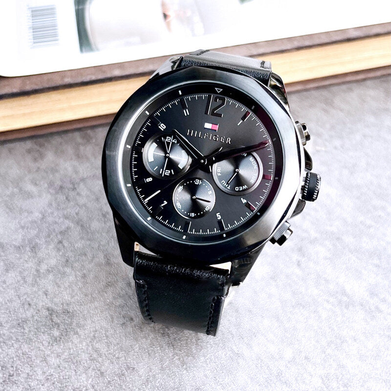  Shop Authentic Tommy Hilfiger Lars Chronograph Black Dial Black Leather Strap Watch For Men - 1792062 - Luxxuri